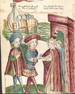 800px Otto IV. und Papst Innocenz III. reichen sich vor den ankommenden Schiffen Friedrichs II. die Hande